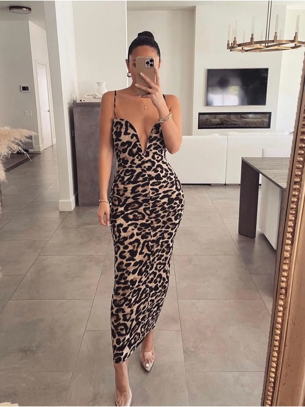 Deep Plunge Leopard Maxi Bodycon Dress - Small
